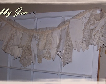 Vintage gloves hanky doily lace and ribbon garland banner wedding shabby cottage