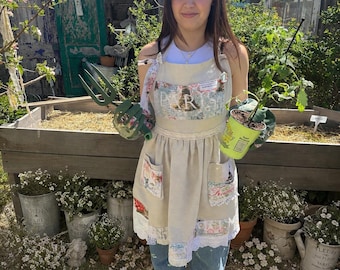 Pinafore Apron with Pockets Paris Garden Girl , Shabby Chic French Market , Patchwork Lace Cottagecore
