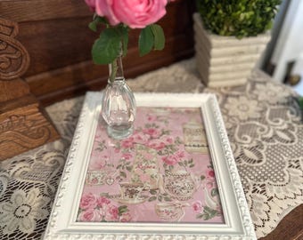 Vintage frame, Shabby chic tea cup pink roses teapot, crystal feet serving tray cottagecore