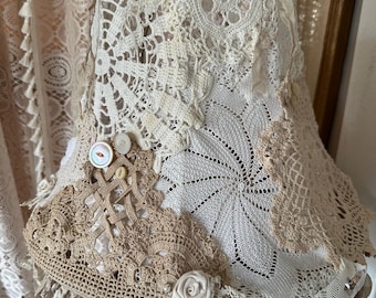 Repurposed Lampshade: Vintage Doily Crochet Lace, Pearls, Buttons, Rosettes – Shabby Chic Textile Art
