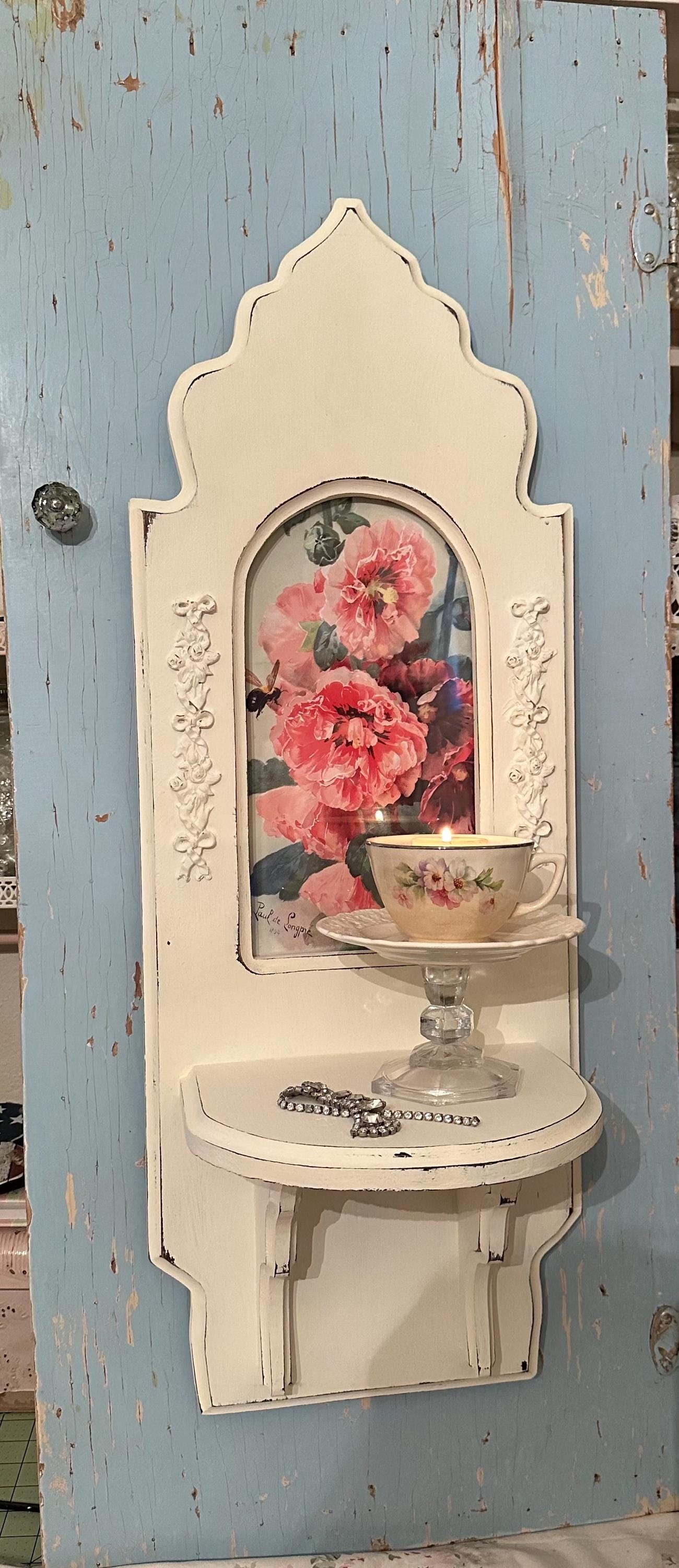 Beautiful creamy white wall sconce shelf, Paul De Longpre ponies, shabby chic, distressed cottagecore