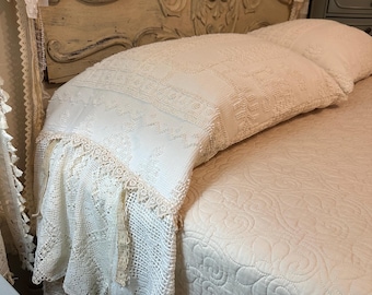 Vintage Hobnail Chenille Pillow Covers – Upcycled Sears Bedspread, Crochet Lace Ruffle