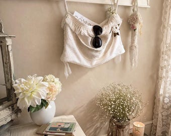 Vintage Chenille Bedspread Wall Pocket Organizer, Ivory Medallion, Cottagecore iPad Holder