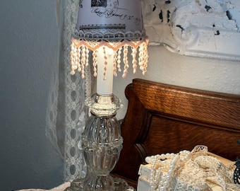 Paris Script Lamp, Pink Fringe, Rhinestone Trim, Vintage Style Bedside Light