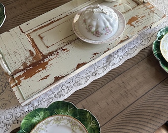 shabby cottage rustic tray vintage chippy door  server farmhouse large table riser crystal feet glass top centerpiece cottagecore up-cycled