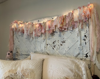 Lighted Lace Garland, Pink Chenille Cabbage Rose, Shabby Chic Cottagecore Wedding Decor