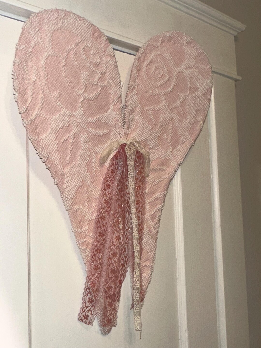 Vintage Fieldcrest Pink & Cream Roses Chenille Angel Wings Shabby Chic ...