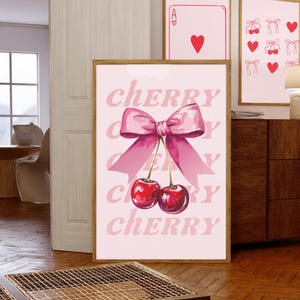 Cherry Wall Art, Pink Bow Soft Girl Art, Trendy Digital Printable Wall Art