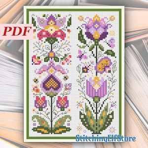 May include: A PDF cross-stitch pattern featuring two vertical floral designs. The designs showcase stylized flowers in shades of pink, purple, yellow, and green, with intricate details and a white background. The text "PDF" and "StitchingElfStore" are visible.