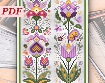 Violet Flowers Bookmark Cross Stitch Pattern. Ukrainian Folk Style Ornament. Instant PDF Download