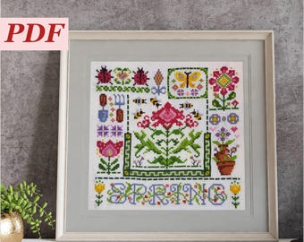Spring Time Cross Stitch Sampler. Mini Embroidery Chart with Flowers and Butterflies. Lovely Modern Design. Cute Gift for Her.