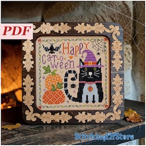 Happy Cat-o-Ween Cross Stitch Chart. Cute design with pumpkin, bat and spiders. Instant PDF Download