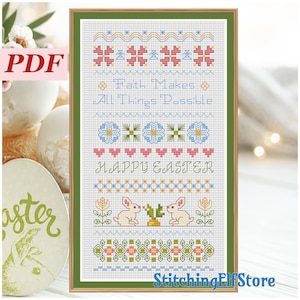 Korsstygnsmönster med påskklocka. Modernt broderi och svartsömnad. Söt kanin. Vårblommor. Direkt PDF-nedladdning. Julklapp.