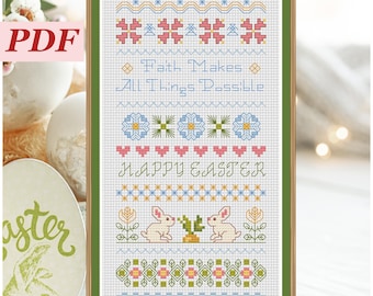 Easter Bellpull Cross Stitch Pattern. Modern Embroidery and Blackwork. Cute Bunny. Spring Flowers. Instant PDF Download. Holiday Gift