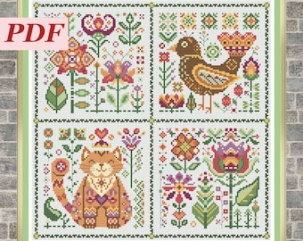 Magic World Multicolor Cross Stitch Chart. Modern Scandinavian Embroidery. Ginger Cat. Cute Little Bird. Spring Flowers. Instant PDF Pattern