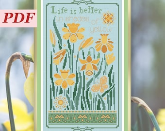 Life is Better Cross Stitch Pattern. Spring Flowers. Yellow Narcissus and Butterfly. Sunshine Modern Embroidery. Garden Plants in Pot.