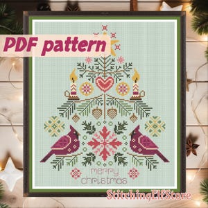 Tannenbaum mit Kardinalen. Niedliches Kreuzstichmuster. Vogel Kreuzstich. Handgemachtes Geschenk. Stickerei. Easy Ornament PDF Instant Download