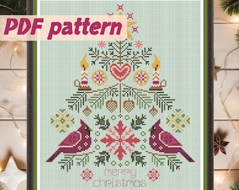 Julgran med kardinaler. Sött korsstygnsmönster. Fågelkorsstygn. Handgjord present. Broderi. Enkel ornament PDF direktnedladdning