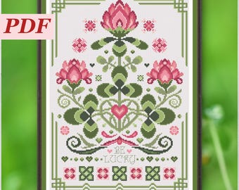 Lucky Shamrock Cross Stitch Pattern. Modern Embroidery for Patrick Day. Red Clover. Bellpull Design. Spring Pattern in Green Colors.