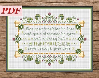 Irish Blessing Cross Stitch Pattern. Red Clover Modern Embroidery. St Patrick Design. Best Gift for Happiness