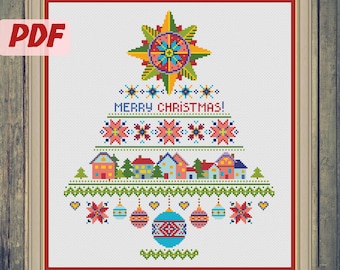 Merry Christmas Cross Stitch Pattern. Cute Christmas tree. Scandinavian modern ornament. PDF pattern instant download. Christmas decorations