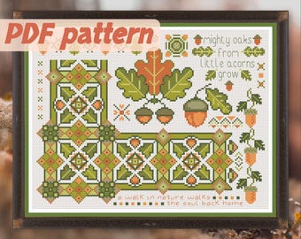 Oak and Acorn Sampler. Floral Cross Stitch Pattern. Oak Cross Stitch. Autumn Embroidery. Instant PDF Download. DIY Handmade Gift
