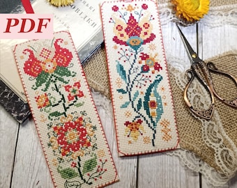 Ukrainian Bookmark Cross Stitch Pattern. Modern Folk Style Ornament with Flowers. Instant PDF Download