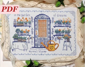 The Garden of Dreams Cross Stitch Pattern. Stylish Modern Embroidery Design. Spring Flowers, Garden Gate, Enchanted Place