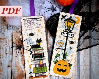 Halloween Bookmark Cross Stitch Pattern. Cute pumpkin, bat, spell books, black cat. DIY Instant Download PDF