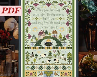 Irish Sampler with Blessing. Cross Stitch Design with Sheep, Clover, Cottage. Cozy Countryside Style. Easy to Do. Instant PDF Download