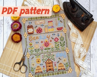 Beezzy Day Cross Stitch Pattern. Bee Cross Stitch. Beehive Cross Stitch. Summer Cross Stitch Pattern. Flower, Honey, PDF Download.