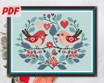 Birds in Love Cross Stitch Pattern. Valentine Day Embroidery. Best Gift for Her DIY. Trendy Scandinavian Ornament with Flowers and Hearts