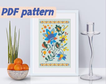 Simply Blue and Yellow Flower Cross Stitch Pattern. Modern Summer Embroidery. Ukrainian Ornament. Wild Plant. Instant PDF Download