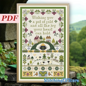 Irländskt provsmak med klöver. Välsignelser för hemmet. Grönt landskap med får. Direkt nedladdning i PDF-format.