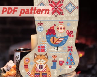 Christmas Stocking Cross Stitch Pattern. Cat Pattern. Christmas Star. Scandinavian Ornament. Bird Cross Stitch. DIY Handmade Gift