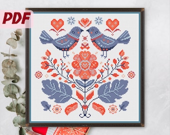 Valentine Birds in Folk Style Cross Stitch Pattern. Festive Ukrainian Embroidery with Pink Flowers. Lovely Holiday Chart. Gift for Her