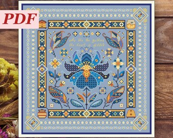 Blue Flowers & Golden Honey Bees Cross Stitch Pattern. Folk Bee Sampler PDF. Botanical Cottagecore Embroidery