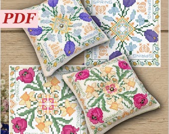 Spring Flowers Biscornu Cross Stitch Chart. Small Embroidery with Tulips, Snowdrops, Crocuses, Daffodils. Best Gift for Her, DIY Pattern