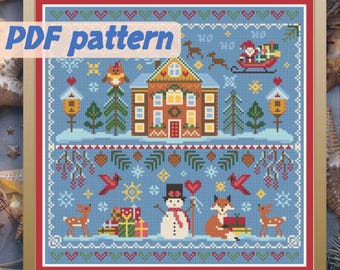 Väntar på julen korsstygnsprov. Broderi. PDF digital nedladdning. Handgjord present, snögubbe. Träd. Ren. Sött husmönster