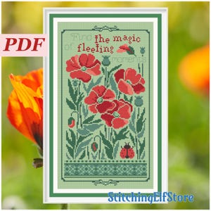 Puede incluir: Patrón de punto de cruz con amapolas rojas, hojas verdes y el texto "Find the magic of fleeting moments". También se incluye una mariquita y un borde decorativo. El archivo PDF está enmarcado en blanco.