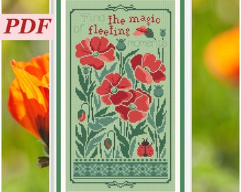 Find the Magic Cross Stitch Chart. Summer Flowers. Red Poppy, Ladybug. Modern Ornament. Garden Flower in Pot. Instant PDF Download
