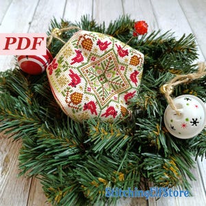 Double-Sided Christmas Biscornu with Cardinals. Holiday Cross Stitch Ornament. Ukrainian Folk Art. Instant PDF Download