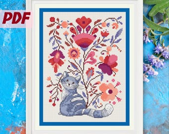 Curious Cat with Flowers Cross Stitch Pattern. Easy to Stitch Modern Embroidery. Scandinavian Design. Summer Magical Flowers. Folk Motives