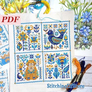 Puede incluir: Un patrón de punto de cruz con cuatro cuadrados con diseños de arte popular en azul, amarillo y naranja sobre un fondo blanco. Los cuadrados representan flores, un pájaro y un gato. El texto "PDF" y "StitchingElfStore" son visibles.