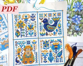 Magic World Blue and Yellow Cross Stitch Chart. Ukrainian Style Embroidery. Cute Cat and Bird. Fairy Flowers Pattern. Digital Download PDF