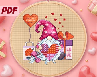 Cute Valentine Gnome Cross Stitch Pattern. Modern Style Easy Embroidery. Love Day Best Gift. Instant PDF Download