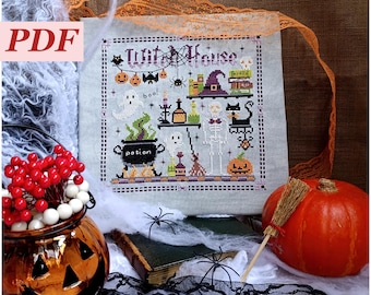 Spooky Witch House Cross Stitch – Halloween PDF Pattern with Ghosts & Potions, Black Cat, Bat. Instant Download