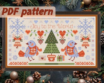 Joy to the World Cross Stitch Pattern. Modern Embroidery Ornament. Cute Christmas gift, tree decor, snowy, winter. PDF-pattern download.