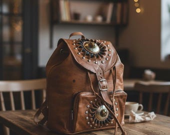 Boho Leather Backpack with Studs, Western Concho Rucksack for Women, Festival Hippie Bag, Vintage Style Travel Purse in Brown or Black