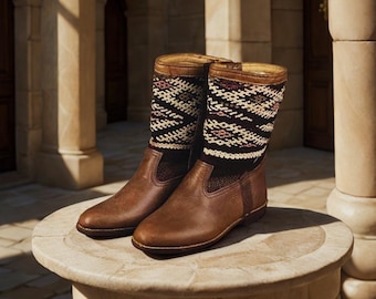Botas Kilim de piel hasta media caña, botas boho étnicas con cremallera